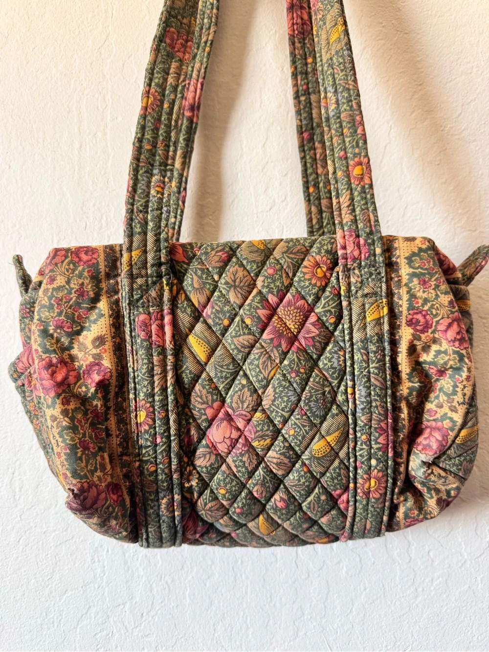 Vera Bradley Vintage 90’s Quilted Botanical Shoulder Bag Olive & Pink